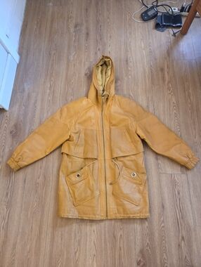 Vintage 90s G-III Mustard Yellow Nappa Leather Hooded Parka Jacket - Medium